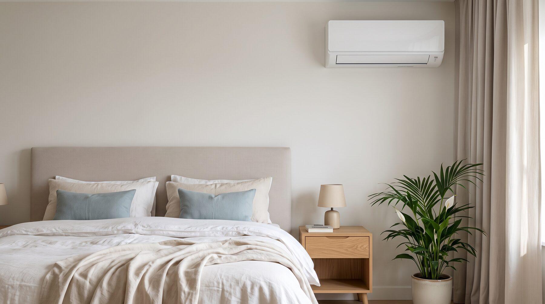 A calm bedroom with neutral linen, a timber bedside table and a white wall-mounted air conditioning unit above the bed